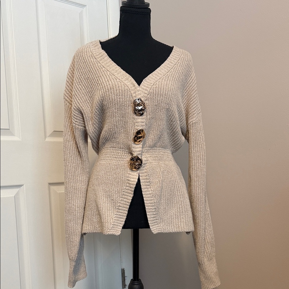 Beige Button-Up Women Sweater